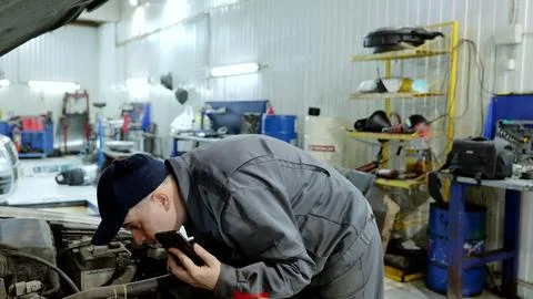 Skilled mechanic in grey workwear checking engine diagnostics on digital tablet Stock Photos
