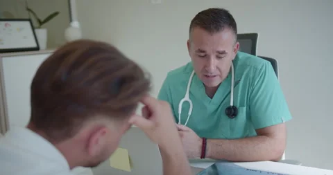 Skilled, middle-aged specialist telling his patient to tell the truth and be Vídeo Stock 253441321