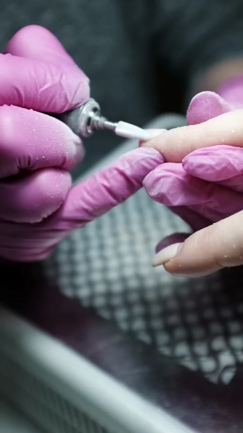 Skilled nail technician using electric manicure drill to remove gel coating Stock Footage 326251540