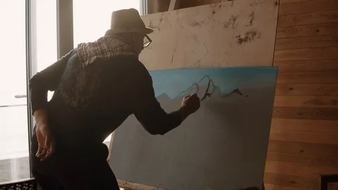 Skilled painter drawing landscape. Stock Footage 90295837