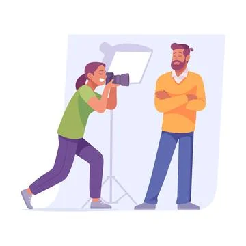 A skilled photographer is focused on capturing their subject beautifully in a Stock Illustration