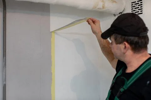 A skilled professional painter is meticulously preparing a wall for painting 写真素材