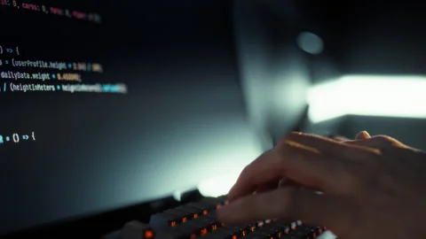 A skilled software developer rapidly enters intricate code on a computer uti Stock Footage 331456305