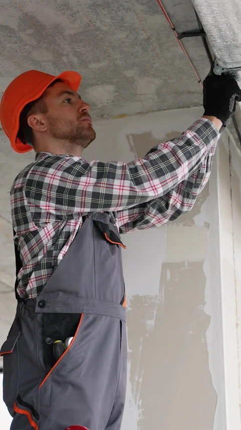 Skilled technician installs ceiling ventilation in office Stock Footage 314570618