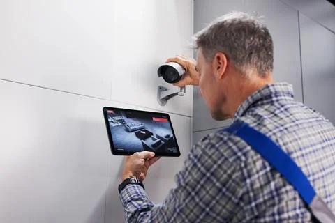 Skilled Technician Installs Secure CCTV Surveillance Camera Alarm System Prof Stock Photos