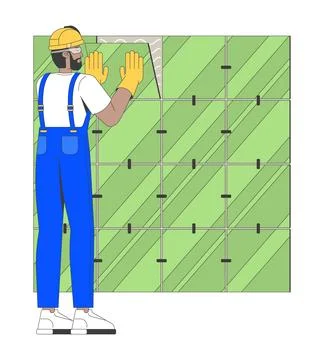 Skilled trade wall tiler installing ceramic tiles 2D vector illustration Stock Illustration