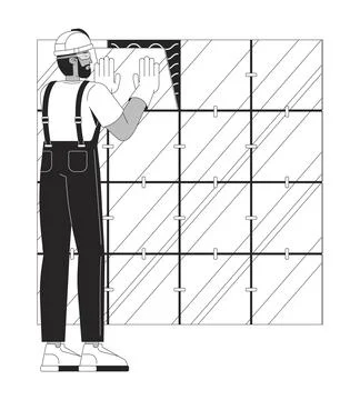 Skilled trade wall tiler installing ceramic tiles outline illustration Stock Illustration