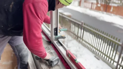 Skilled tradesman using tools installing new window frame construction Stock Footage 327626667