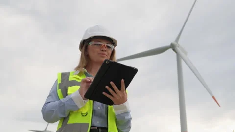A skilled Wind Energy Engineer analyzes data from wind farms to optimize 動画素材 340924870