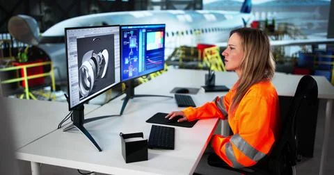 Skilled Woman Using 3D Software To Repair Aircraft 写真素材