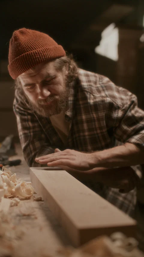Skilled Woodworker Checking Surface Smoothness of Hand-Planed Timber Stock Footage 331982780