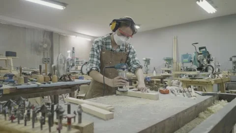 Skilled Woodworker Creating Handmade Craft in Workshop Stock Footage 342281669