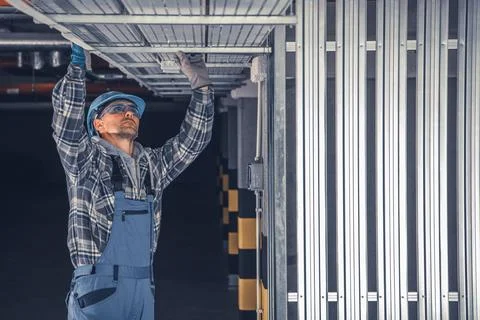 Skilled Worker Adjusts Support Beams in a Building Project During Daylight Fotos de archivo