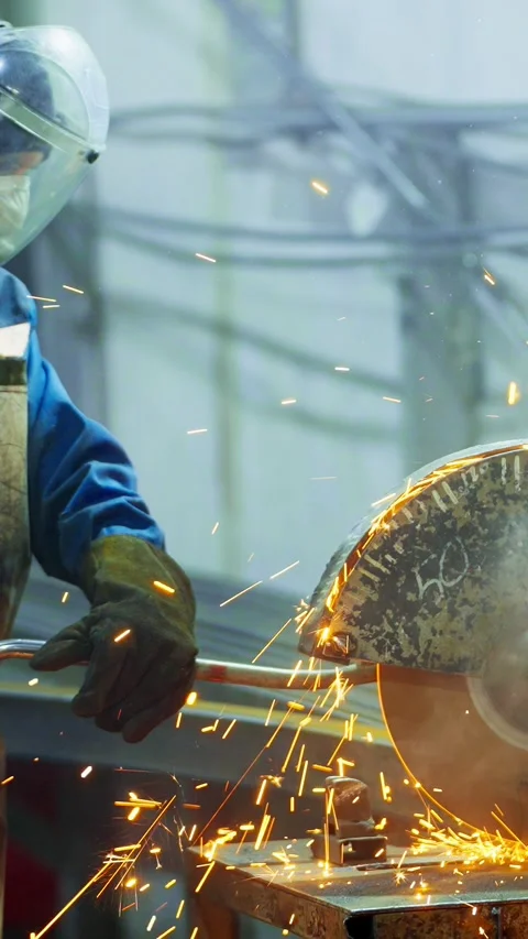 Skilled worker cuts metal with precision in industrial workspace 스톡 동영상 300346871