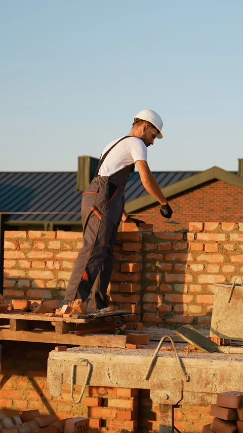 Skilled Worker Laying Bricks at Construction Site Stock Footage 293644095