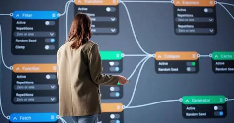 Skilled Young Woman Developing Software Code Using Node Editor Profession Stock Photos