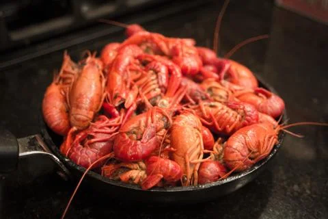 Skillet Full of Crawfish Stock Photos