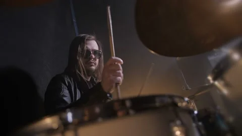 Skillful drummer playing on drums in record studio Stock Footage 114995764