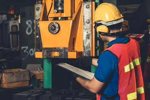 Skillful factory worker or engineer do machine job in manufacturing workshop Foto stock