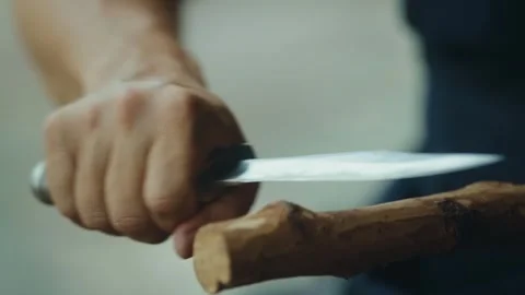Skillful hands peeling bark with a knife Stock Footage 266865256