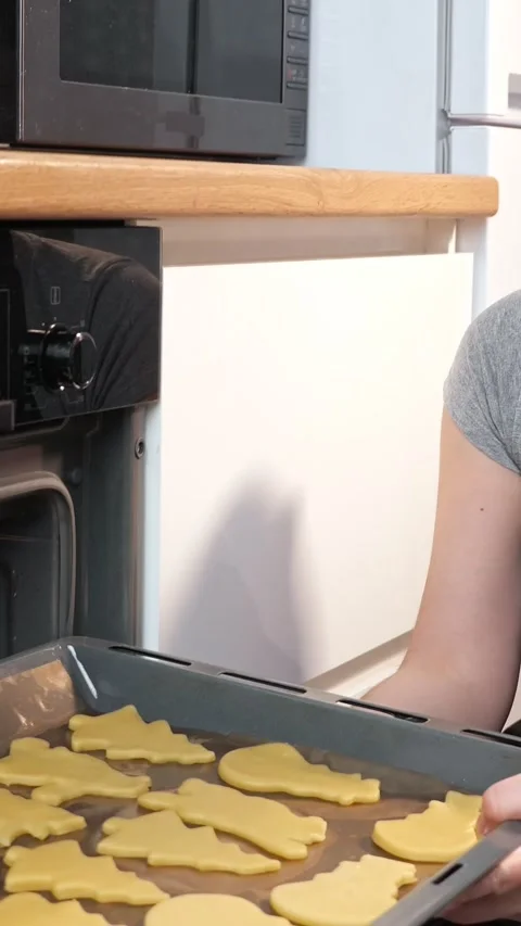 Skillful home baker placing a baking sheet full of unbaked dinosaur shaped Stock Footage 342908229