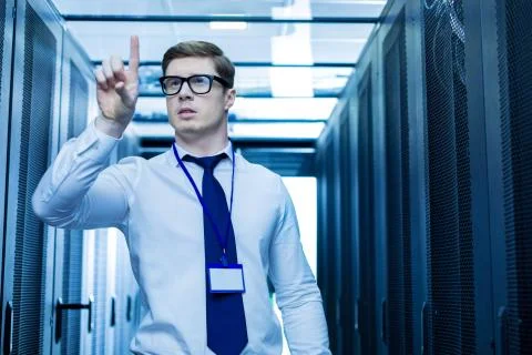 Skillful operator pointing with his finger Stock Photos