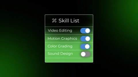 Skills list animation featuring toggle switches turning on with retro clock.. Stock Footage 345290059