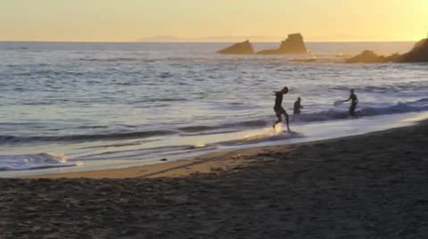 Skimboarder Doing Tricks on the Beach At Sunset Time Stock Footage 8840675