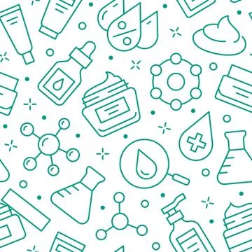 Skin care seamless pattern with line icons. Hyaluronic acid drop, serum, anti Illustrazione stock