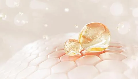 Skin cells with red patch and argan oil drops texture. Epidermis layer with gold Illustrazione stock