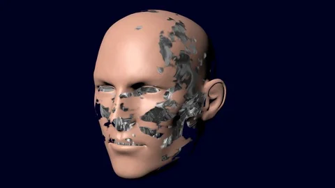 Skin dssolves off face, reveals skull, robotic head. 3d animation Stock Footage 96550929