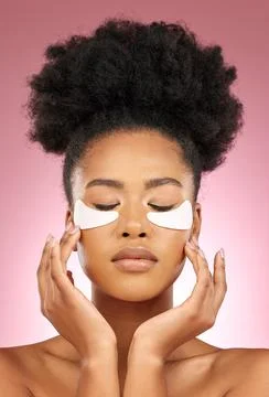 Skin, eye patch or face mask of a woman for dermatology, wellness and skincare Stock Photos