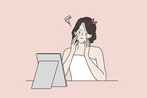 Skin problems, allergy, acne, pimples concept. Young upset woman sitting looking Stock Illustration