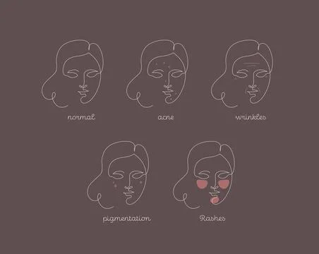 Skin type infographic. Vector one line modern illustration set. Female face a Stock Illustration