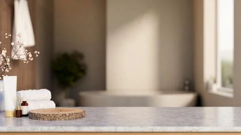 Skincare and diffuser aside tree stump tray and towel on marble counter acr.. Illustration