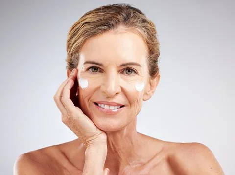 Skincare, anti aging cream and senior woman with luxury cosmetics product for Stock Photos