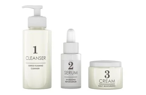 Skincare routine set with cleanser bottle, serum dropper and cream jar, bea.. Stock Illustration