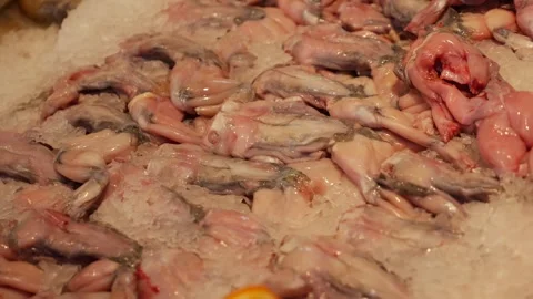 Skinned frogs are displayed on crushed ice in a supermarket seafood section Stock Footage 330248495