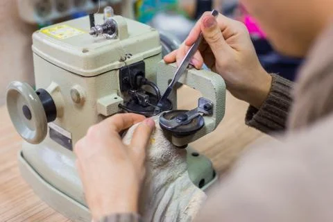 Skinner using sewing machine for stitching fur skin at atelier Stock Photos