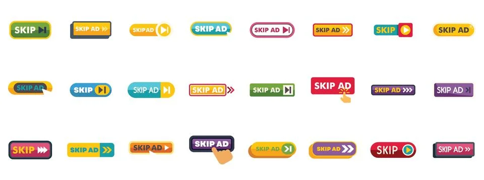 Skip ad button collection for online advertisement skipping Stock Illustration