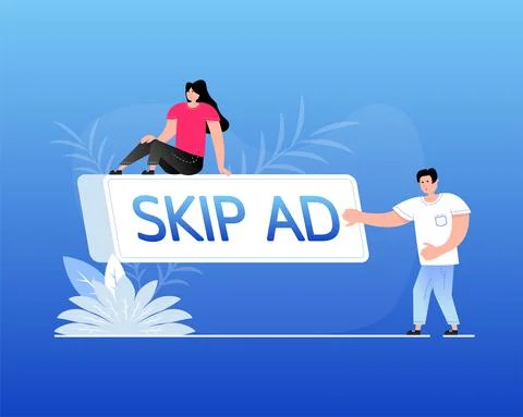 Skip ad flat button on blue background. Flat people. Flat 3D button. Vector Stockillustratie