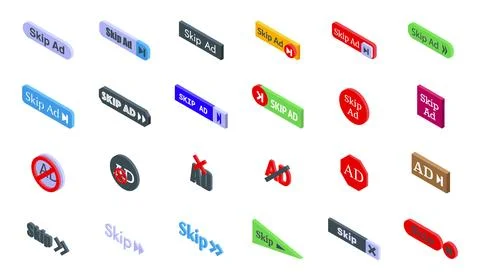 Skip ad icons set isometric vector. Cursor apply stop Ilustración de archivo