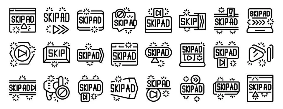 Skip ad icons set. Set of icons showing different ways someone can skip an Ilustración de archivo