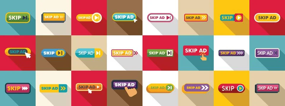 Skip ad icons set. Set of various skip ad button icons for web and mobile app Illustrazione stock