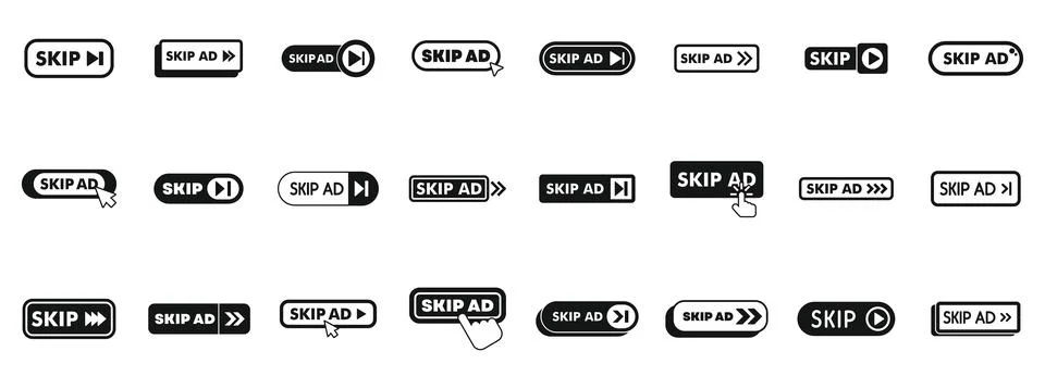 Skip ad icons set. Set of skip ad buttons for online content and videos Ilustración de archivo