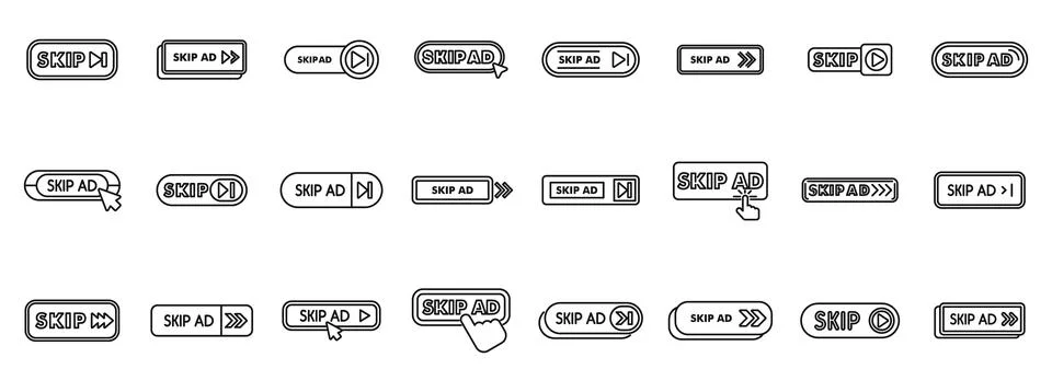 Skip ad icons set. Set of skip ad button icons showing user is skipping ads Ilustración de archivo