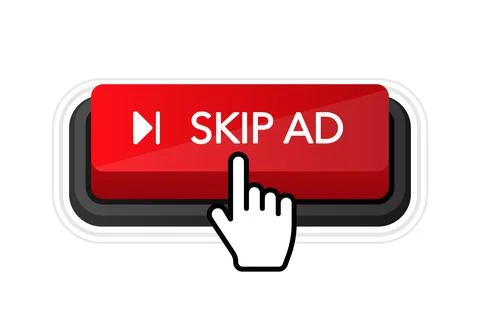 Skip ad red button on white background. Hand mouse. Flat 3D button. Vector il 스톡 일러스트