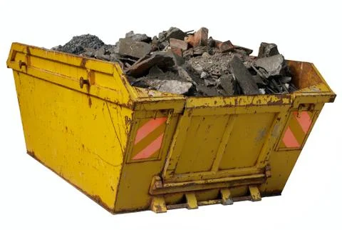 A skip full of rubble isolated over white. Photos