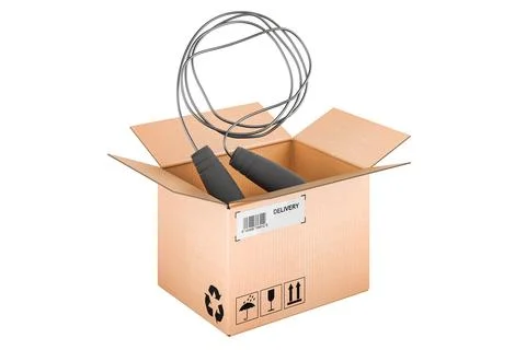 Skipping rope or jump rope inside cardboard box, delivery concept. 3D renderi Illustrazione stock