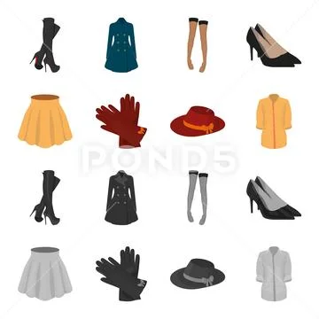 Skirt with folds, leather gloves, women hat with a bow, shirt on the fastener Stock Illustration